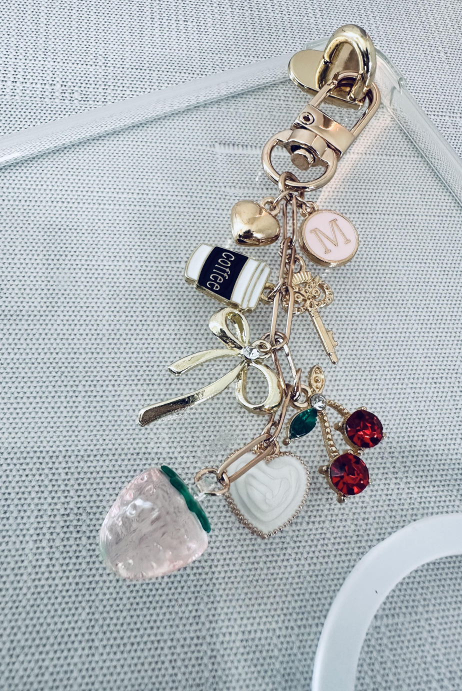 Strawberry Dreams E-reader Charm Clip-On Dangling Accessory Chain for Kindle Tablet Planner with Adhesive Heart Mount & Mixed Charms