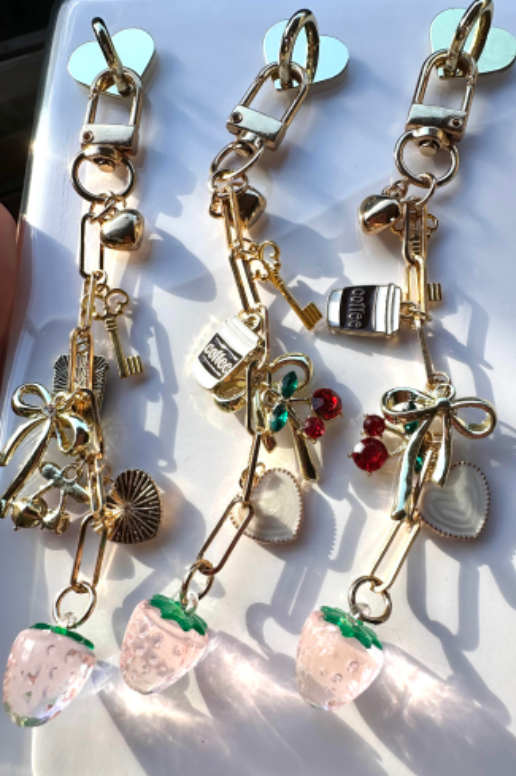 Strawberry Dreams E-reader Charm Clip-On Dangling Accessory Chain for Kindle Tablet Planner with Adhesive Heart Mount & Mixed Charms