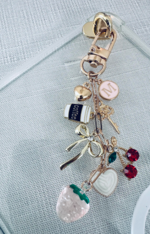 Strawberry Dreams E-reader Charm Clip-On Dangling Accessory Chain for Kindle Tablet Planner with Adhesive Heart Mount & Mixed Charms
